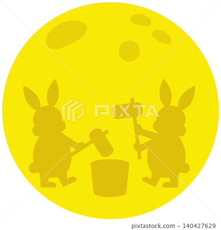 一幅描繪賞月的滿月和一隻正在搗年糕的兔子的插圖。 140427629