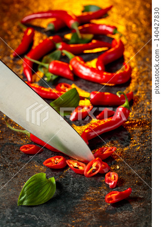 Kitchen knife and slices of red hot chili peppers on a kitchen table. Kitchen knife and slices of red hot chili peppers on a kitchen table. 140427830