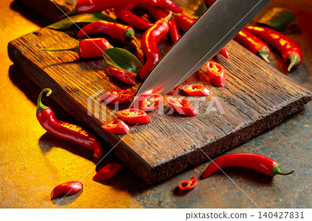 Kitchen knife and wedges of red hot chili peppers. Kitchen knife and wedges of red hot chili peppers. 140427831