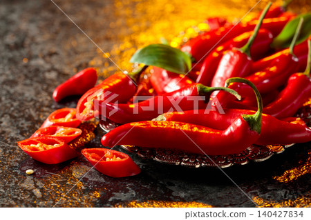 Red hot chili peppers on a silver tray. Red hot chili peppers on a silver tray. 140427834
