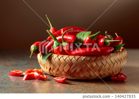 Red hot chili peppers in wicker dish. Red hot chili peppers in wicker dish. 140427835