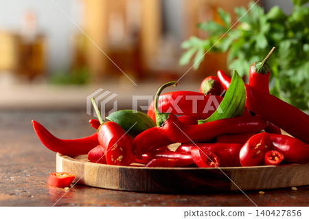 Heap of red hot chili peppers on a kitchen table. 140427856