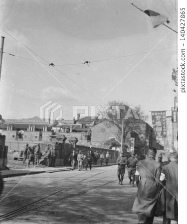 Vintage photograph, 1937-1945, streetscape of Nanjing or Shanghai, Republic of China during the Second Sino-Japanese War. Vintage photograph, 1937-1945, streetscape of Nanjing or Shanghai, Republic of China during the Second Sino-Japanese War. 140427865