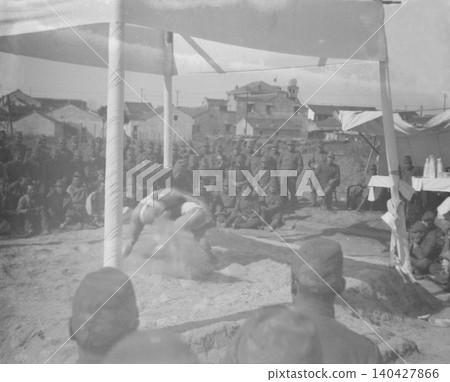 Vintage photograph, 1937-1945, Republic of China during the Second Sino-Japanese War: Japanese soldiers watching a sumo tournament in Nanjing or Shanghai. Vintage photograph, 1937-1945, Republic of China during the Second Sino-Japanese War: Japanese soldiers watching a sumo tournament in Nanjing or Shanghai. 140427866