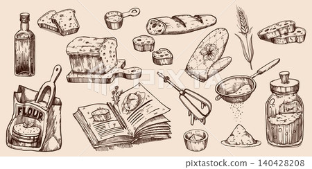 Hand drawn bakery sketches, flour bag and sifter Hand drawn bakery sketches, flour bag and sifter 140428208