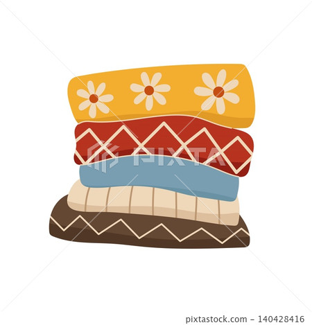 Stack of folded cozy autumn sweaters and knitwear vector Stack of folded cozy autumn sweaters and knitwear vector 140428416