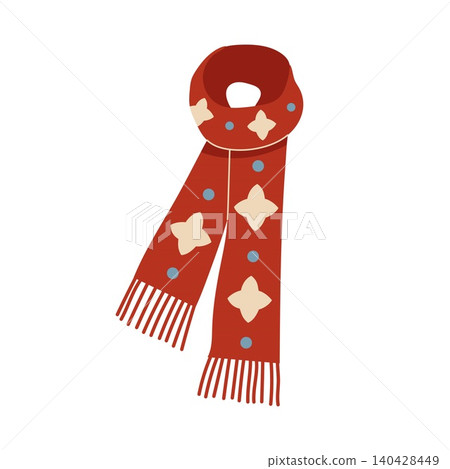 Long red knitted scarf with pattern and fringe vector Long red knitted scarf with pattern and fringe vector 140428449