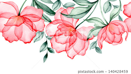 Watercolor illustration, seamless border of peonies. Pink transparent X-ray flower. Watercolor illustration, seamless border of peonies. Pink transparent X-ray flower. 140428459