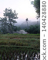 Smoke rising from a field in a rural landscape with trees and fog 140428880