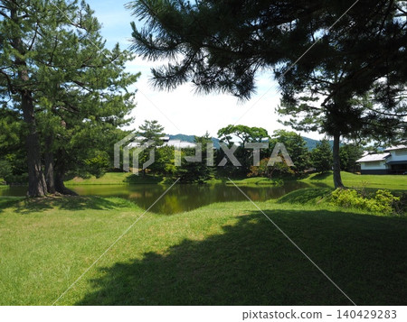 The exquisite depth created by the branches and leaves of the pine trees. A panoramic view of a Japanese garden with a beautiful contrast of light and shadow. The exquisite depth created by the branches and leaves of the pine trees. A panoramic view of a Japanese garden with a beautiful contrast of light and shadow. 140429283