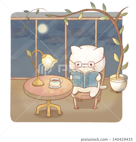 [水彩畫] 一隻戴著眼鏡的貓在室內看書，背景是繁星點點的夜空（睡前心理健康） 140429435