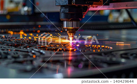 A powerful laser cutter meticulously carves intricate patterns into a metal surface 140429644