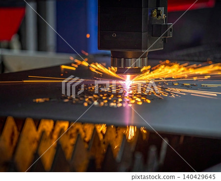 A powerful laser cutter meticulously carves intricate patterns into a metal surface A powerful laser cutter meticulously carves intricate patterns into a metal surface 140429645