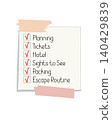 Sticky note paper with cute washi tape for travel checklist, boxes to mark actions for travelling plan, tickets, hotel, sights, packing, escaping dull daily routine, simple hand drawn illustration 140429839