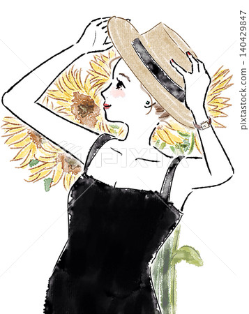 A woman wearing a hat and sunflowers 140429847