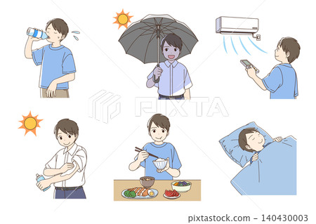 A set of illustrations of a boy taking precautions against heatstroke and managing his health. A set of illustrations of a boy taking precautions against heatstroke and managing his health. 140430003