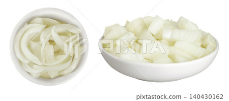 Onion slices in a ceramic bowl isolated on a white background. Top view. Flat lay. Onion slices in a ceramic bowl isolated on a white background. Top view. Flat lay. 140430162