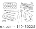 Paints boxes and brushes art supply simple outline hand drawn illustration, kids painting material, school stationary object, back to school concept, painting tool for hobby, craft, drawing, clipart 140430228