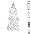 Festive bauble in form of Christmas tree decor doodle outline hand drawn simple vector illustration for winter holidays seasonal greeting card, invitation, sticker, line art clipart 140430231