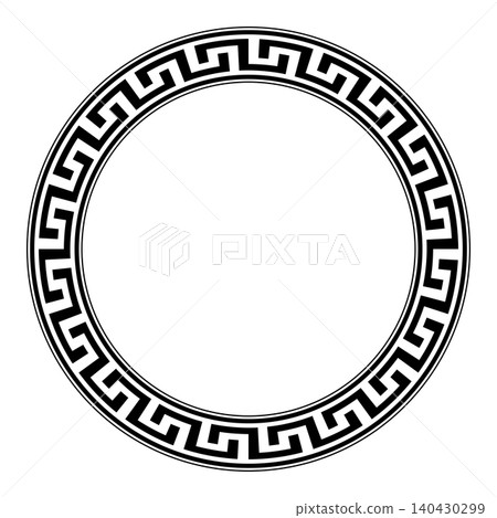 Double spiral meander pattern, circle frame and decorative border, made of interlocking angular spirals, creating a seamless circular Greek key pattern. Isolated black and white illustration. Vector Double spiral meander pattern, circle frame and decorative border, made of interlocking angular spirals, creating a seamless circular Greek key pattern. Isolated black and white illustration. Vector 140430299