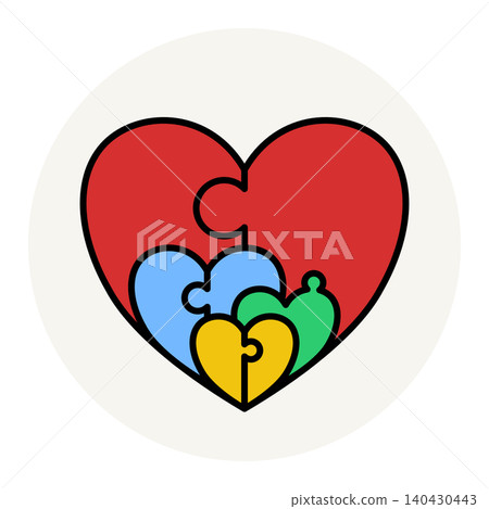 Minimalist flat vector of multiple nested colorful hearts forming a jigsaw puzzle, on a beige circle. Minimalist flat vector of multiple nested colorful hearts forming a jigsaw puzzle, on a beige circle. 140430443