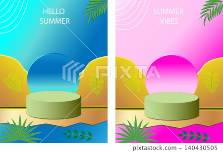Hello summer vibes flyer template set with product display podium and tropical 140430505