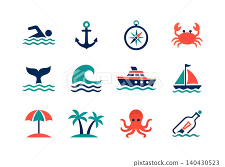 Flat nautical and marine icons representing summer ocean travel and beach adventure 140430523