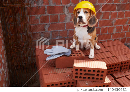Cute beagle in a yellow hard hat sitting on red construction bricks with protective gloves nearby Cute beagle in a yellow hard hat sitting on red construction bricks with protective gloves nearby 140430681