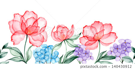 Watercolor illustration, seamless border of peony and hydrangea flowers. Transparent flowers x-ray. Watercolor illustration, seamless border of peony and hydrangea flowers. Transparent flowers x-ray. 140430912