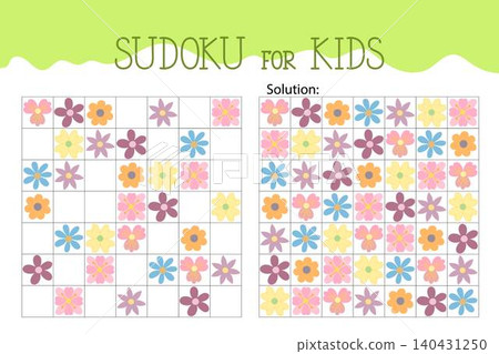 Colorful flowers sudoku educational game or leisure activity worksheet illustration, printable grid to fill in missing images, spring seasonal vocabulary, puzzle with solution, teacher resources Colorful flowers sudoku educational game or leisure activity worksheet illustration, printable grid to fill in missing images, spring seasonal vocabulary, puzzle with solution, teacher resources 140431250