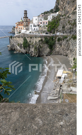 Atrani - Amalfi coast - facade of baroque church Chiesa di Santa Maria Maddalena and Lido di Ravello beach Atrani - Amalfi coast - facade of baroque church Chiesa di Santa Maria Maddalena and Lido di Ravello beach 140431545