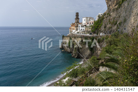 Atrani - Amalfi coast - facade of baroque church Chiesa di Santa Maria Maddalena and Lido di Ravello beach Atrani - Amalfi coast - facade of baroque church Chiesa di Santa Maria Maddalena and Lido di Ravello beach 140431547
