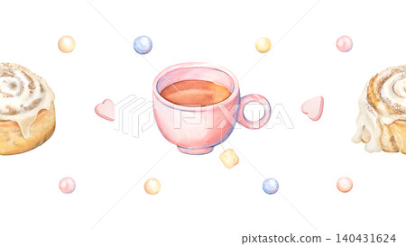 A seamless watercolor pattern with a tea theme. A pink mug with a delicious cinnamon bun and sweet beads. Morning tea for breakfast in a pastel-colored coquette style. Perfect for printing and design. A seamless watercolor pattern with a tea theme. A pink mug with a delicious cinnamon bun and sweet beads. Morning tea for breakfast in a pastel-colored coquette style. Perfect for printing and design. 140431624