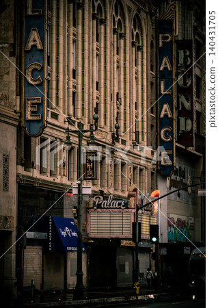 Palace Theatre in Los Angeles, USA, after the rain; filming location for Michael Jackson's Thriller; cloudy. 140431705