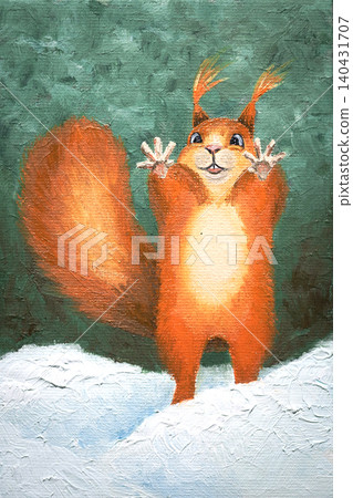 A cute squirrel stands in the snow in a winter forest, extending its hand for a hug and wishing a Happy New Year. This hand-drawn, cartoon-style illustration is perfect for design, cards, greetings. A cute squirrel stands in the snow in a winter forest, extending its hand for a hug and wishing a Happy New Year. This hand-drawn, cartoon-style illustration is perfect for design, cards, greetings. 140431707