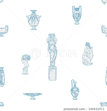 Hand drawn vector abstract graphic, greek ancient sculpture statues and column line art modern seamless pattern.Antique vintage classic sculpture in trendy line style.Antique statue design background. Hand drawn vector abstract graphic, greek ancient sculpture statues and column line art modern seamless pattern.Antique vintage classic sculpture in trendy line style.Antique statue design background. 140432011