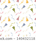 Seamless pattern with party hats and ribbons. Vector illustration in soft flat style. Festive background for birthday decor, kids textile, wrapping paper, wallpaper, packaging and print design. 140432118