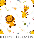 Seamless pattern with cute lion, giraffe, leopard, party hats and ribbons.Vector illustration.Playful background for children's textiles, children's room decor, packaging, wallpaper, print. 140432119