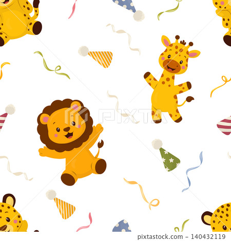 Seamless pattern with cute lion, giraffe, leopard, party hats and ribbons.Vector illustration.Playful background for children's textiles, children's room decor, packaging, wallpaper, print. Seamless pattern with cute lion, giraffe, leopard, party hats and ribbons.Vector illustration.Playful background for children's textiles, children's room decor, packaging, wallpaper, print. 140432119