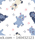 Seamless pattern with cute cartoon animals rhinoceros, monkey and zebra.Vector illustration in soft style.Playful background for children's textiles, children's room decor, wallpaper, packaging, print 140432123