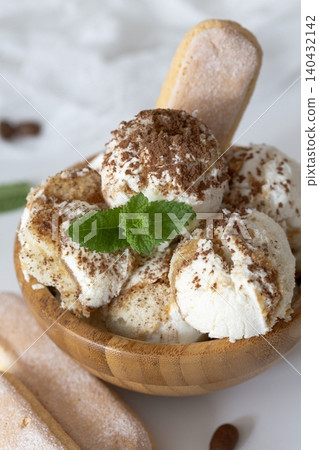 Tiramisu-style ice cream close-up. Tiramisu-style ice cream close-up. 140432142