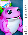 A pink frog character mascot placed on a street corner. 140432200