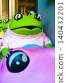 A close-up of a frog character mascot placed on a street corner. 140432201