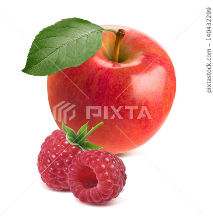 Red apple and raspberry berry isolated on white background. Real photography Red apple and raspberry berry isolated on white background. Real photography 140432299