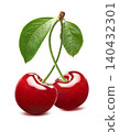 Pair of red sweet cherries with curved stems isolated on white background. Real photography 140432301