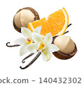 Macadamia nut, slice of orange and vanilla isolated on white background. Real photography 140432302