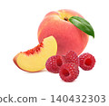 Red peach and raspberry berry isolated on white background. Real photography. 140432303