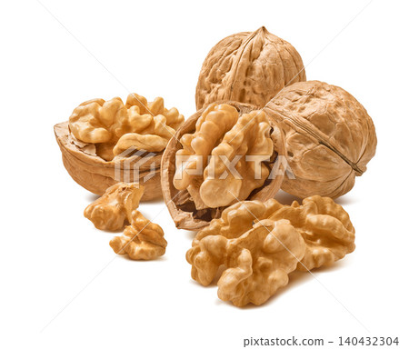Fresh walnut nuts group isolated on white background. Real photography Fresh walnut nuts group isolated on white background. Real photography 140432304