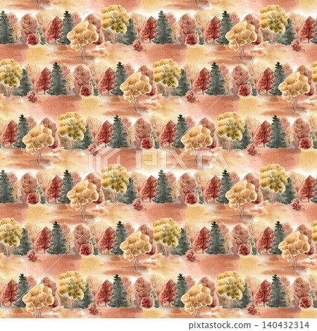Autumn forest seamless pattern with colorful orange yellow and green trees. Watercolor repeat of woodland landscape in warm brown, red and ochre tones painted. Mixed fall forest endless background. Autumn forest seamless pattern with colorful orange yellow and green trees. Watercolor repeat of woodland landscape in warm brown, red and ochre tones painted. Mixed fall forest endless background. 140432314
