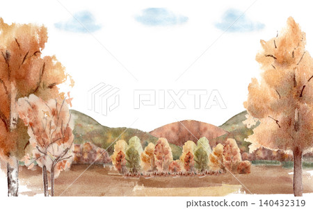 Serene autumn meadow glade with golden trees and hills watercolor illustration isolated. Seasonal landscape painting in soft fall hues for nature design backgrounds. Scenery forest warm colors. Serene autumn meadow glade with golden trees and hills watercolor illustration isolated. Seasonal landscape painting in soft fall hues for nature design backgrounds. Scenery forest warm colors. 140432319